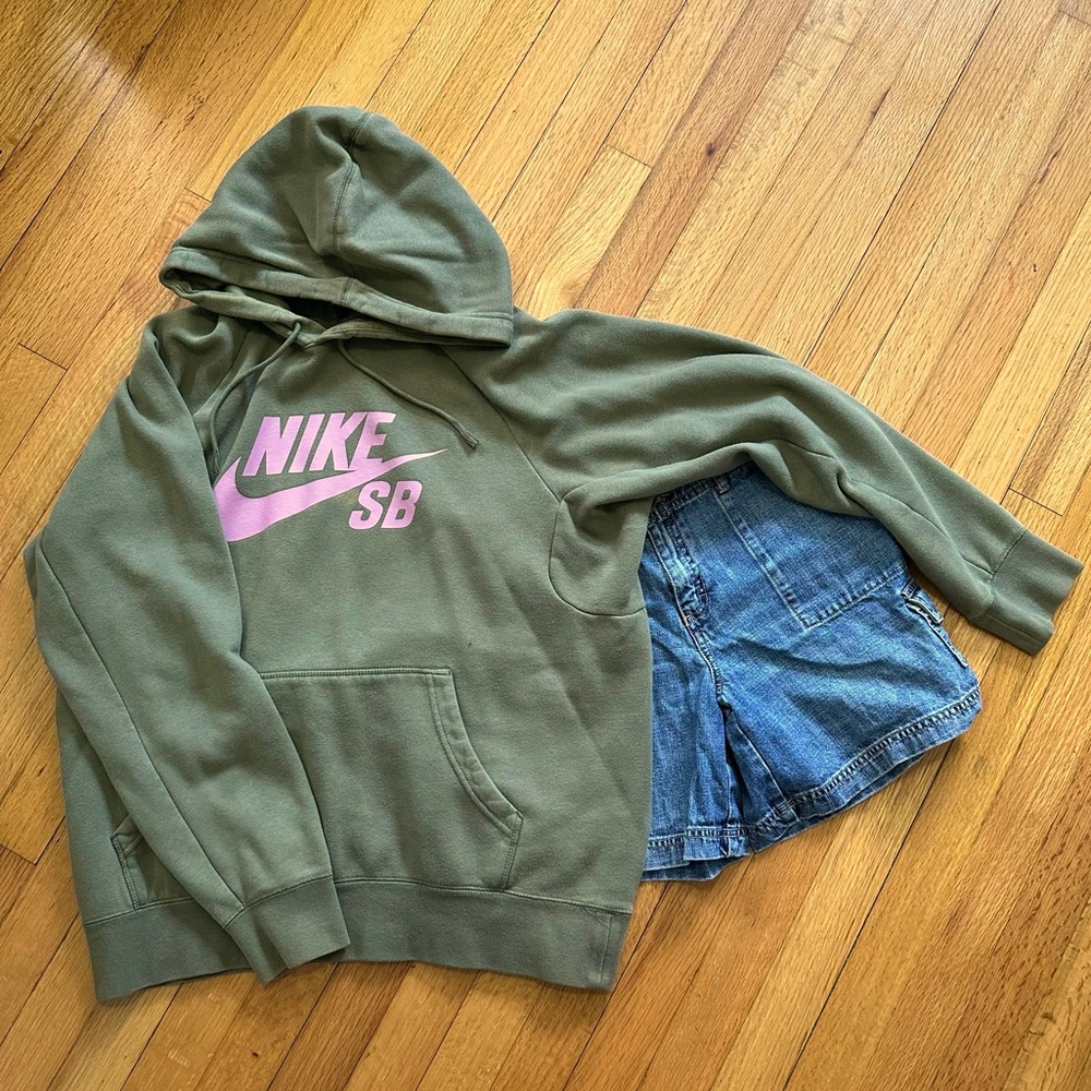 cozy sage green hoodie with pink writing by nike !!
